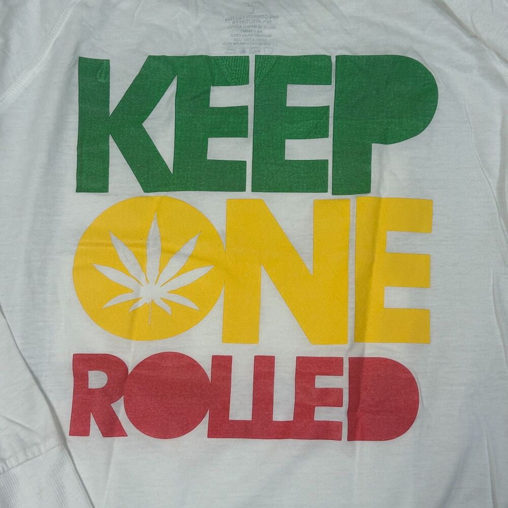 Miami Style Womens L T-shirt Long  White Graphic Keep One Rolled Casual Style